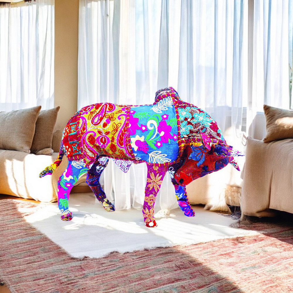 Handmade Fabric Bull Statue | Eco-Friendly Rustic Decor | Indian Artisan Wildlife Figurine