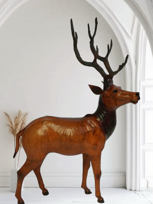 Handmade Leather Standing Deer Statue | Eco-Friendly Wildlife Decor | Indian Artisan Figurine