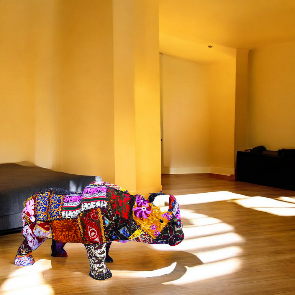 Handmade Fabric Rhino Statue – Eco-Friendly Lifelike Rhino Figurine for Artistic Home Décor