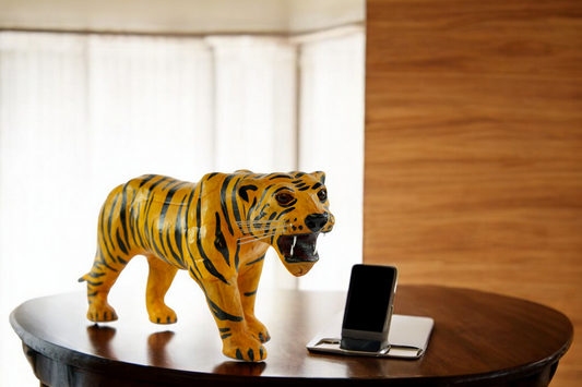 Handmade Leather Tiger Statue | Eco-Friendly Wildlife Decor | Indian Artisan Animal Sculpture