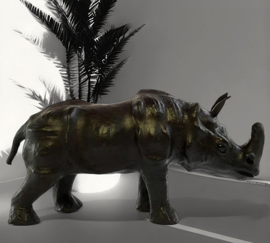 Handmade Leather Rhino Statue | Eco-Friendly Wildlife Figurine | Indian Artisan Safari Home Decor
