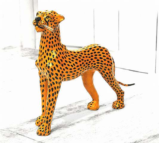 Handmade Leather Cheetah Statue | Eco-Friendly Wildlife Decor | Indian Artisan Animal Figurine