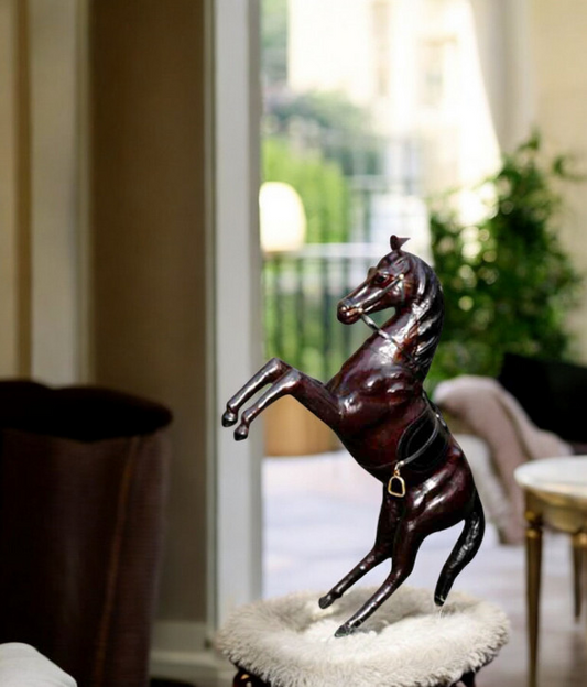 Handmade Leather Jumping Horse Statue – Eco-Friendly Lifelike Horse Figurine for Home Décor