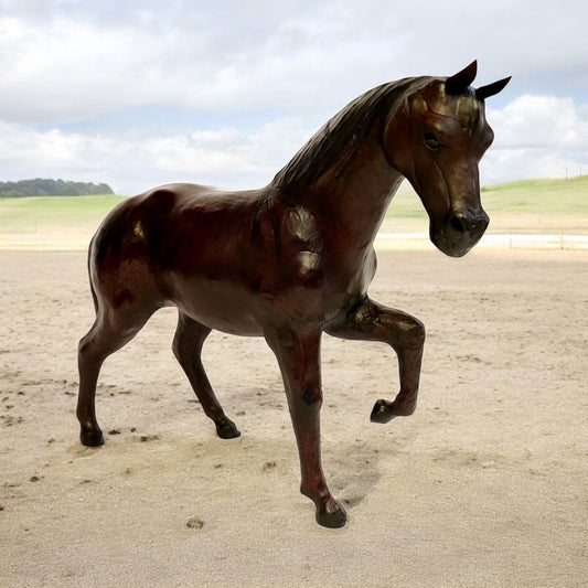 Handmade Leather Leg Up Horse Statue – Eco-Friendly Lifelike Horse Figurine for Home Décor