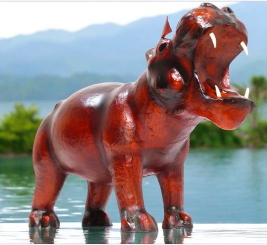 Handmade Leather Hippo Statue | Eco-Friendly Wildlife Decor | Indian Artisan Home Figurine