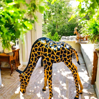 Handmade Leather Drinking Giraffe Statue | Eco-Friendly Wildlife Decor | Indian Artisan Figurine