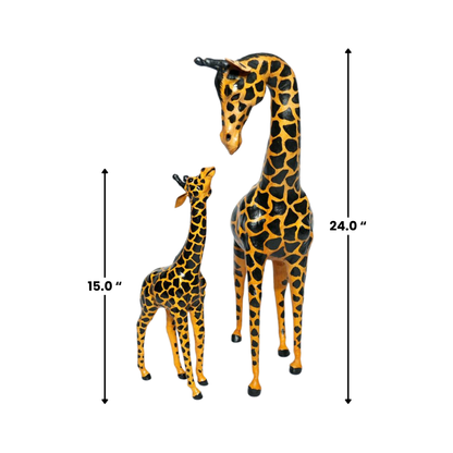 Handmade Leather Mother Baby Giraffe Statue | Eco-Friendly Safari Decor | Wildlife Figurine Art