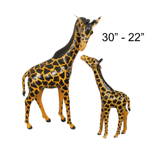 Handmade Leather Mother Baby Giraffe Statue | Eco-Friendly Safari Decor | Wildlife Figurine Art