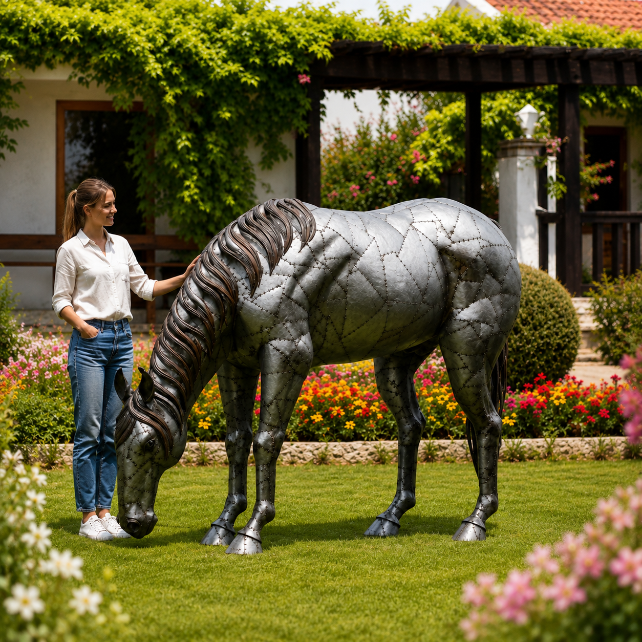 Large Grazing Horse Metal Sculpture – Luxury Outdoor Garden Horse Statue