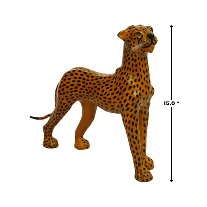 Handmade Leather Cheetah Statue | Eco-Friendly Wildlife Decor | Indian Artisan Animal Figurine