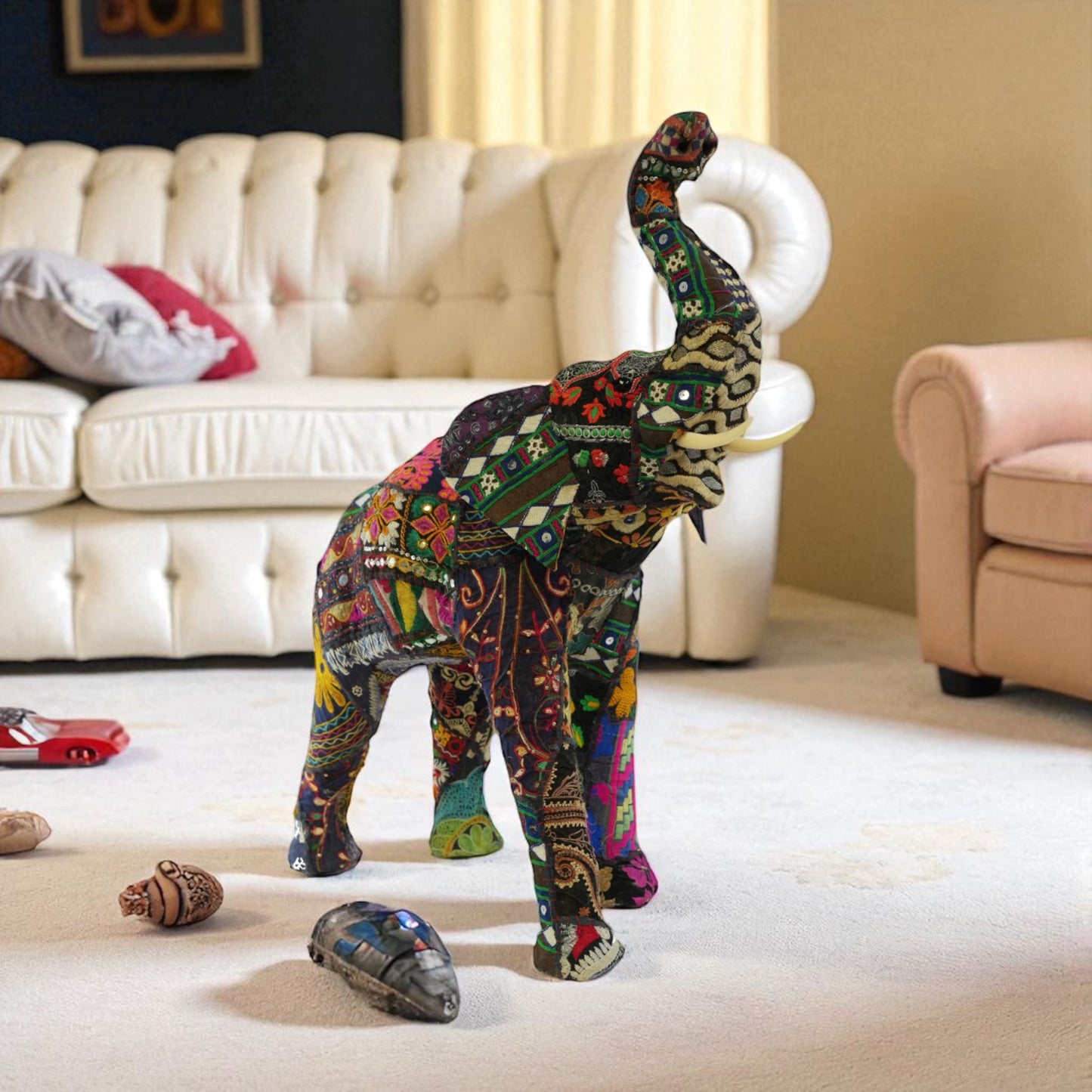 Handmade Fabric Elephant Standing Statue – Eco-Friendly Decorative Elephant Figurine for Home Décor