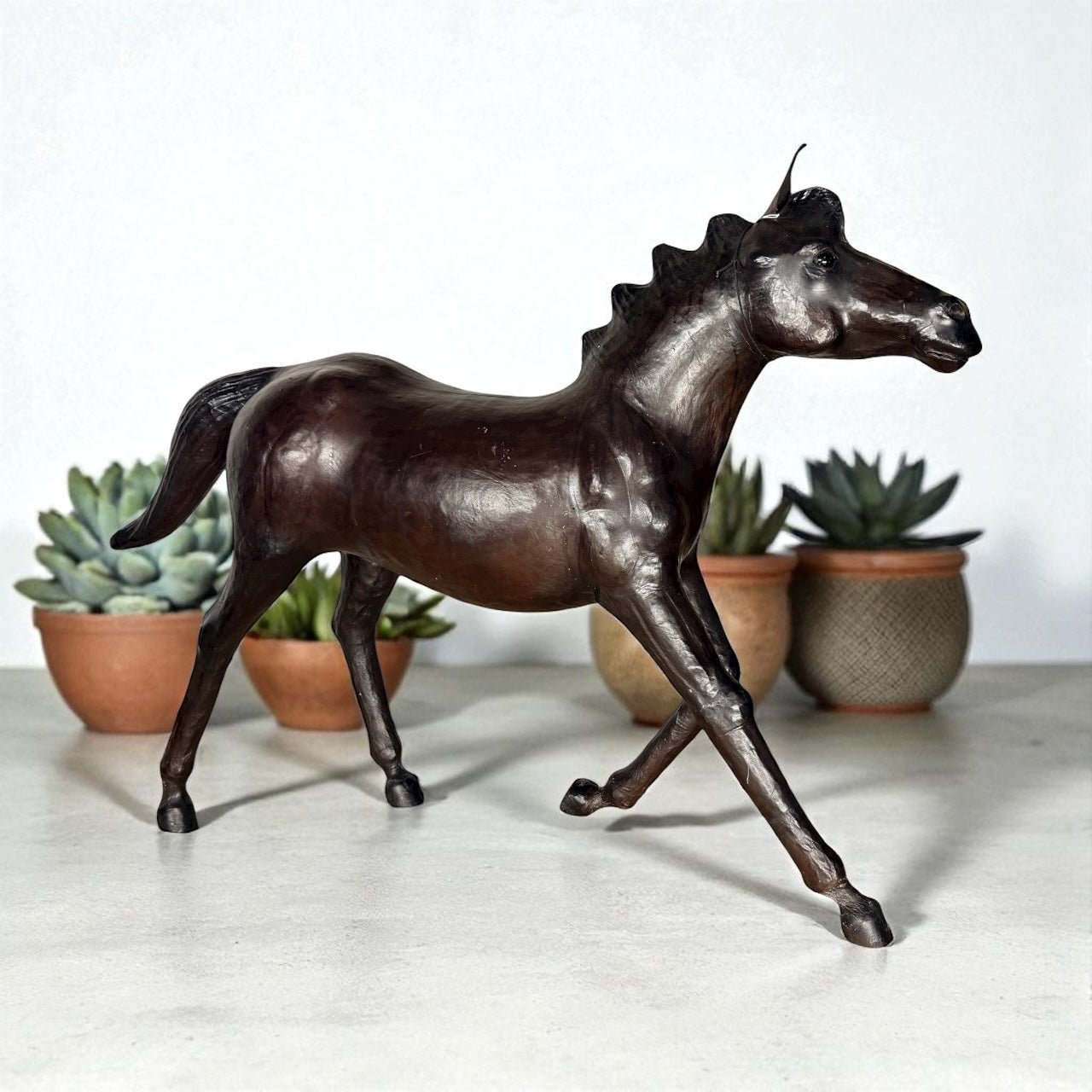 Handmade Leather Running Horse Statue | Eco-Friendly Equestrian Decor | Indian Artisan Figurine