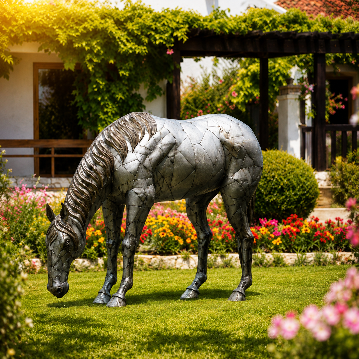 Large Grazing Horse Metal Sculpture – Luxury Outdoor Garden Horse Statue